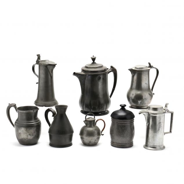 a-collection-of-eight-antique-pewter-vessels