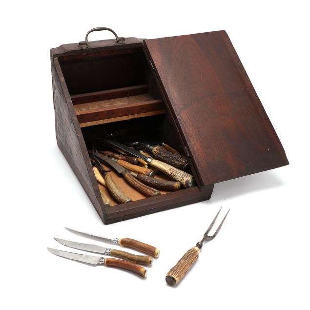 antique-mahogany-cutlery-box-and-stag-handled-cutlery