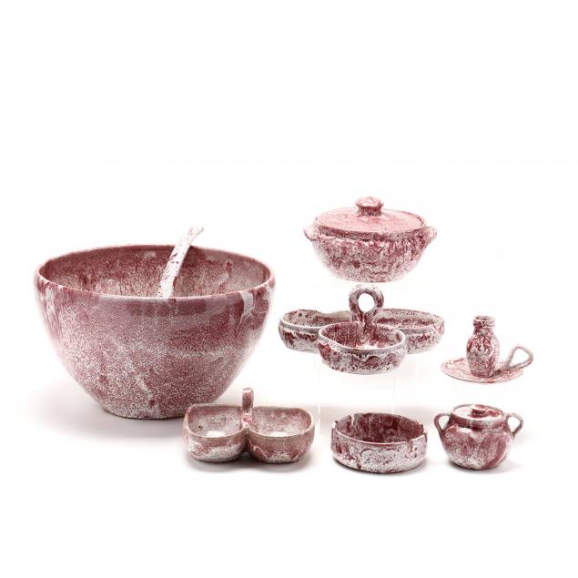 nc-pottery-a-selection-of-twenty-seven-a-r-cole-pottery-raspberry-glaze