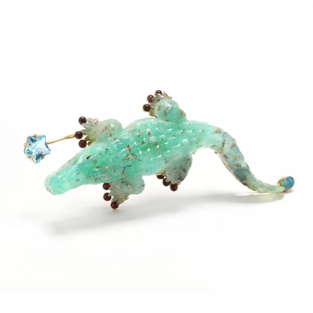 14kt-gold-and-carved-gemstone-alligator-brooch