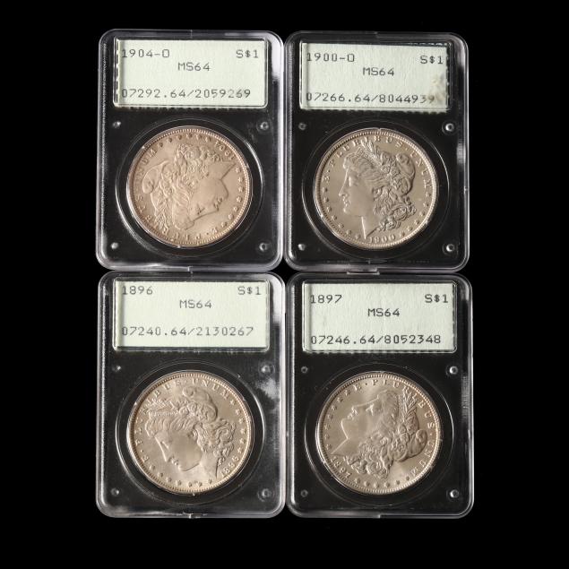 four-pcgs-ms64-morgan-silver-dollars-in-early-rattler-holders