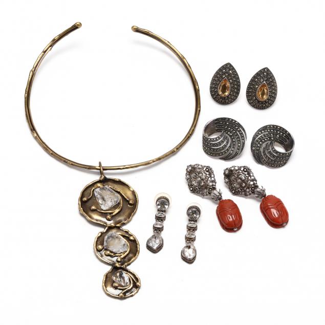 five-silver-and-gem-set-earrings-and-an-uno-alla-volta-rock-crystal-collar-necklace