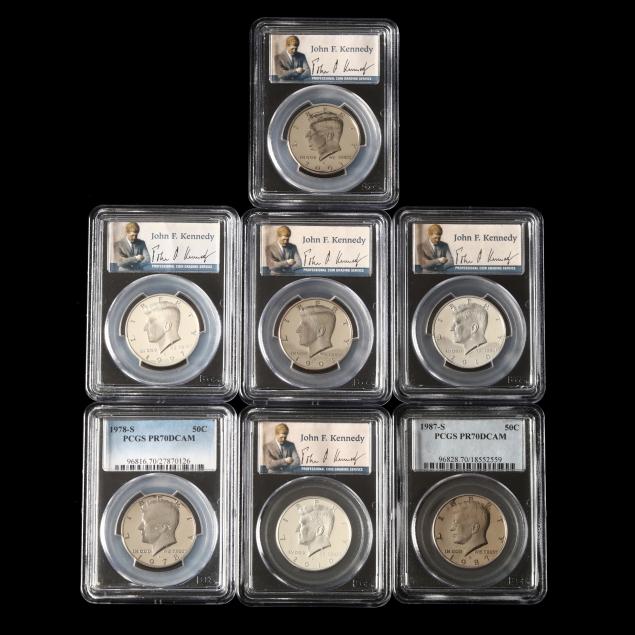 three-sliver-and-four-clad-kennedy-half-dollars-all-graded-pcgs-pr70dcam
