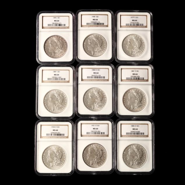 nine-graded-morgan-silver-dollars-all-ngc-ms64