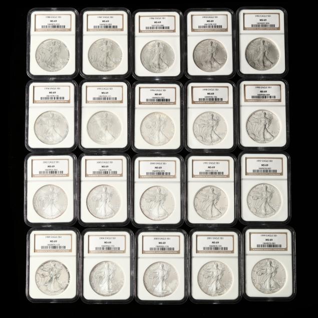 twenty-20-consecutive-american-silver-eagles-1986-2005-ngc-ms-69