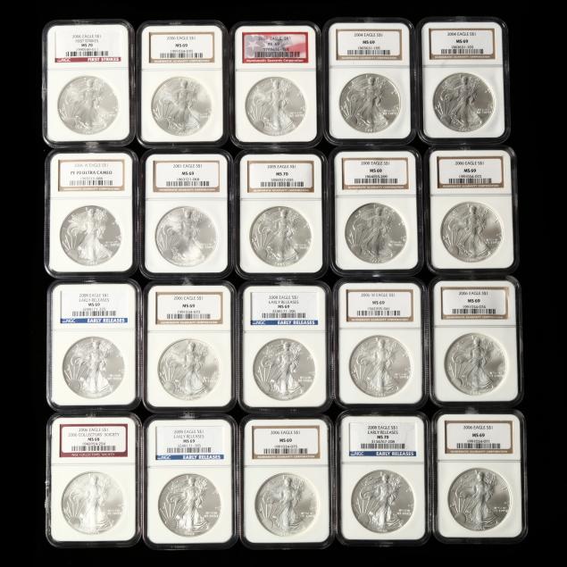 twenty-20-ngc-graded-american-silver-eagle-one-ounce-bullion-coins