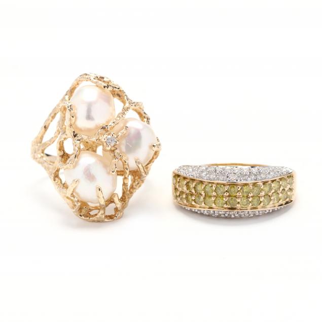 14kt-gold-fancy-color-diamond-and-diamond-band-and-a-gold-and-pearl-ring
