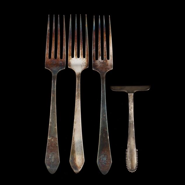 three-american-sterling-silver-forks-and-georg-jensen-baby-pusher