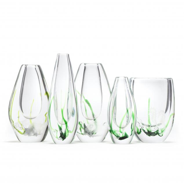 vicke-lindstrand-swedish-1904-1983-five-i-seaweed-i-glass-vases-for-kosta