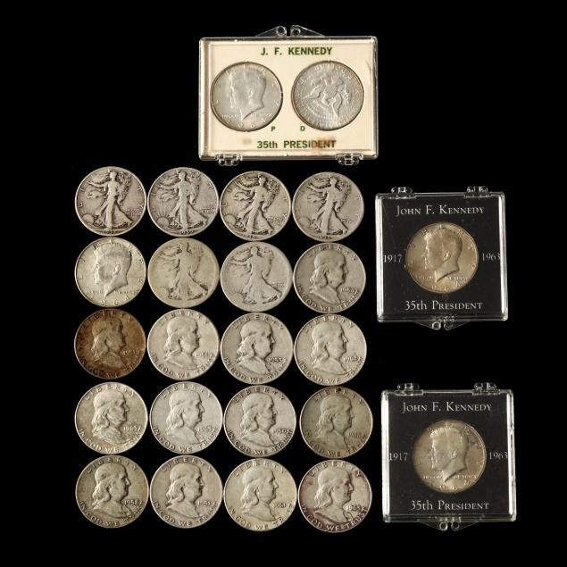 twenty-four-24-circulated-pre-1965-90-silver-half-dollars