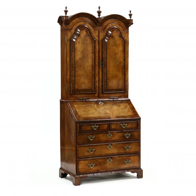 queen-anne-style-walnut-and-burl-wood-double-bonnet-secretary-bookcase