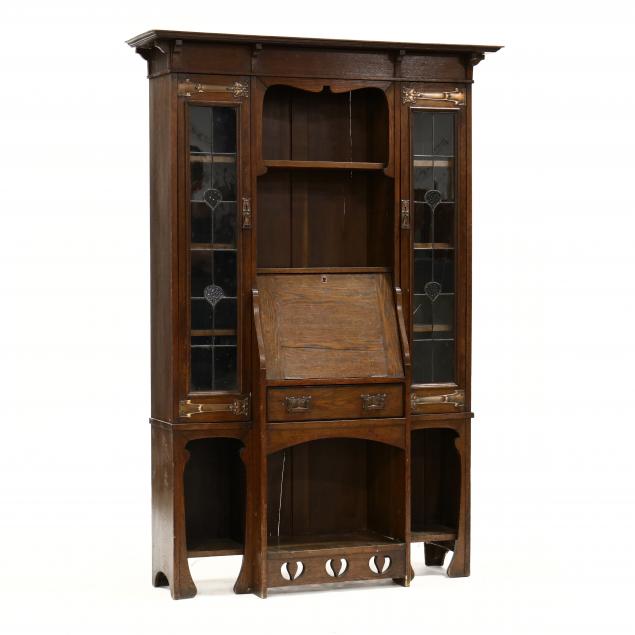 english-art-nouveau-oak-secretary-bookcase