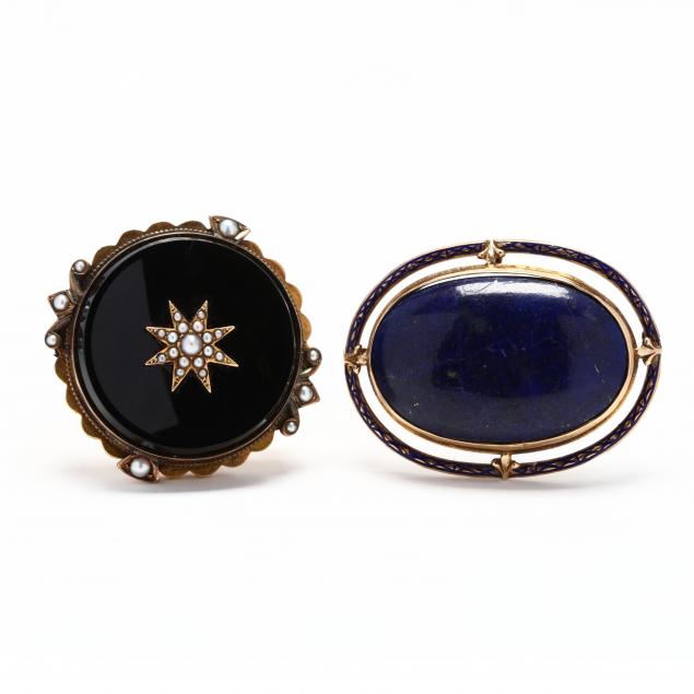 two-antique-gold-and-gem-set-brooches