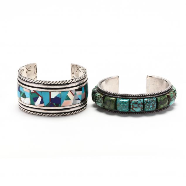 two-southwestern-sterling-silver-and-gem-set-cuff-bracelets