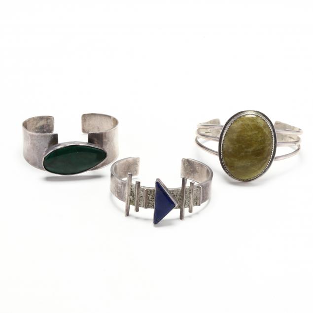 three-sterling-silver-and-gem-set-cuff-bracelets