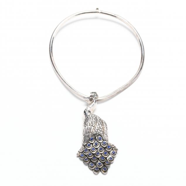 sterling-silver-and-lapis-peacock-brooch-pendant-and-silver-choker