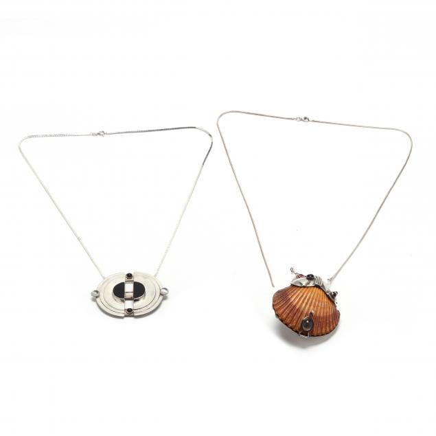 two-contemporary-silver-and-gem-set-necklaces