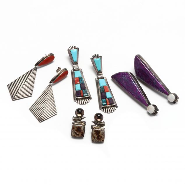four-pairs-of-silver-and-gem-set-earrings