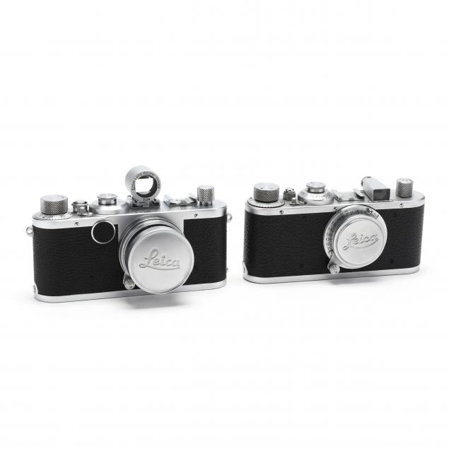 two-vintage-leica-d-r-p-leitz-wetzlar-rangefinder-cameras-each-with-lens