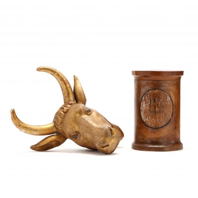 antique-treenware-canister-and-giltwood-bull-head-wall-mount