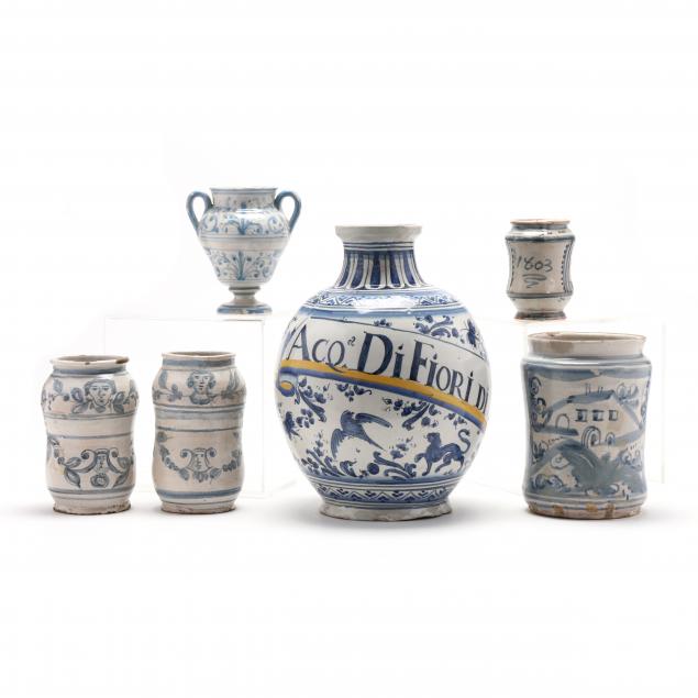 a-group-of-six-italian-majolica-apothecary-jars