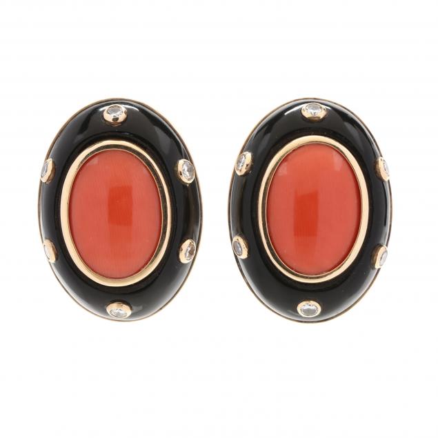 14kt-gold-coral-black-onyx-and-diamond-earclips