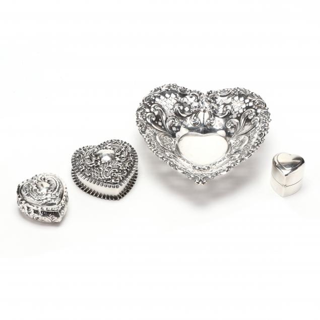 a-collection-of-four-sterling-silver-heart-boxes-and-dish
