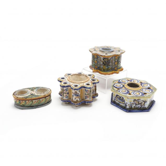 three-talavera-spanish-majolica-pen-and-ink-stands-and-a-double-salt