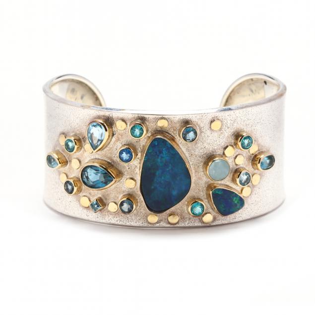 sterling-silver-gold-and-gem-set-cuff-bracelet