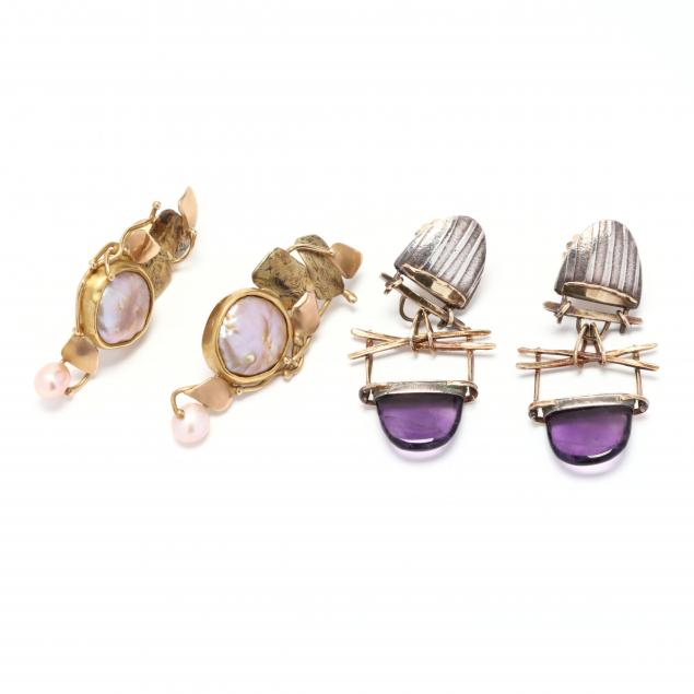 two-pairs-of-gem-set-earrings-signed