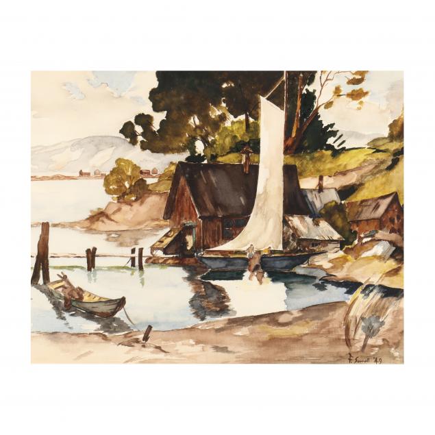 fred-sorrell-jr-nc-1920-1985-lakeside-view-with-sailboat-and-riggers