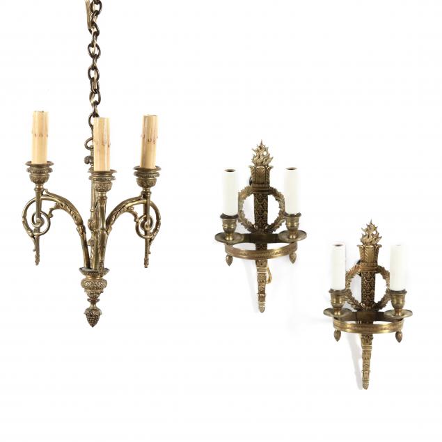 pair-brass-neoclassical-style-sconces-and-diminutive-chandelier