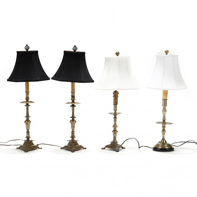 Four Brass Altar Candlestick Lamps Lot, Candle Stick Lamps