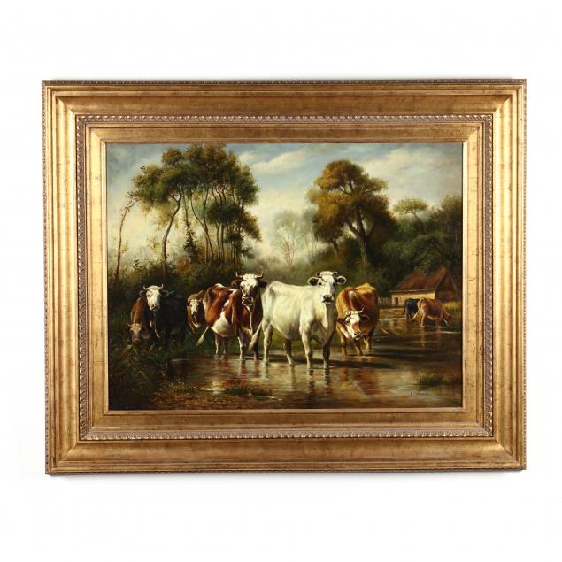 a-large-contemporary-decorative-painting-of-cows-watering
