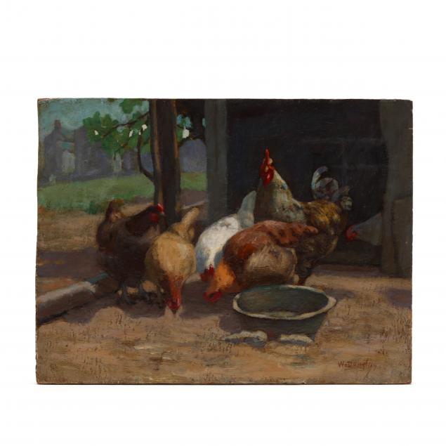 walter-douglas-american-1868-1948-rooster-and-hens-in-a-barnyard-a-double-sided-painting