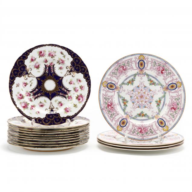 fourteen-english-floral-decorated-dinner-plates