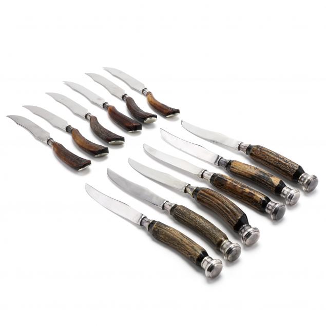 twelve-english-silver-and-antler-handle-steak-knives