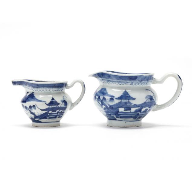 two-chinese-export-porcelain-blue-canton-pitchers