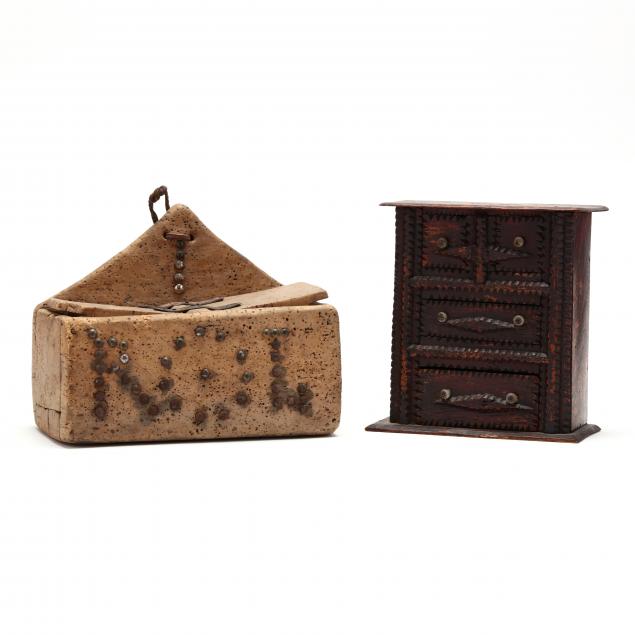 tramp-art-wooden-coin-bank-and-cork-wood-box