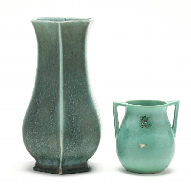 two-pieces-of-green-glazed-rookwood-art-pottery