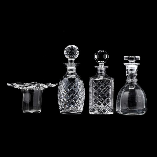 three-20th-century-glass-decanters-and-a-low-vase