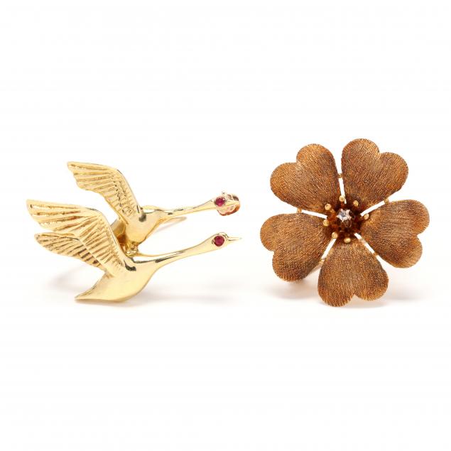 an-18kt-whimsical-brooch-by-black-starr-and-frost-and-a-10kt-gold-floral-brooch