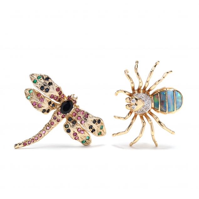 gold-and-gem-set-spider-brooch-pendant-and-a-gem-set-dragonfly-brooch