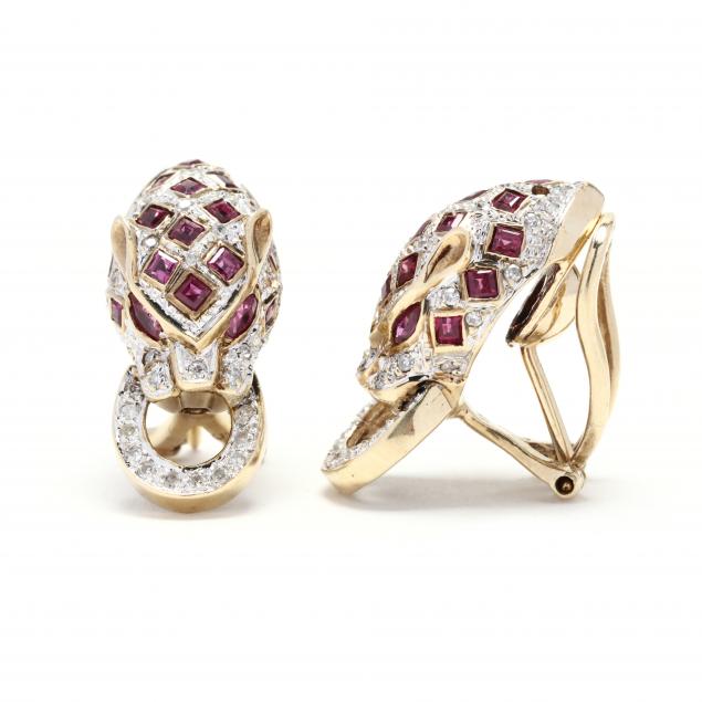 14kt-gold-ruby-and-diamond-panther-motif-earrings