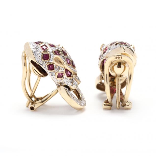 14KT Gold, Ruby, and Diamond Panther Motif Earrings (Lot 1082 - April ...