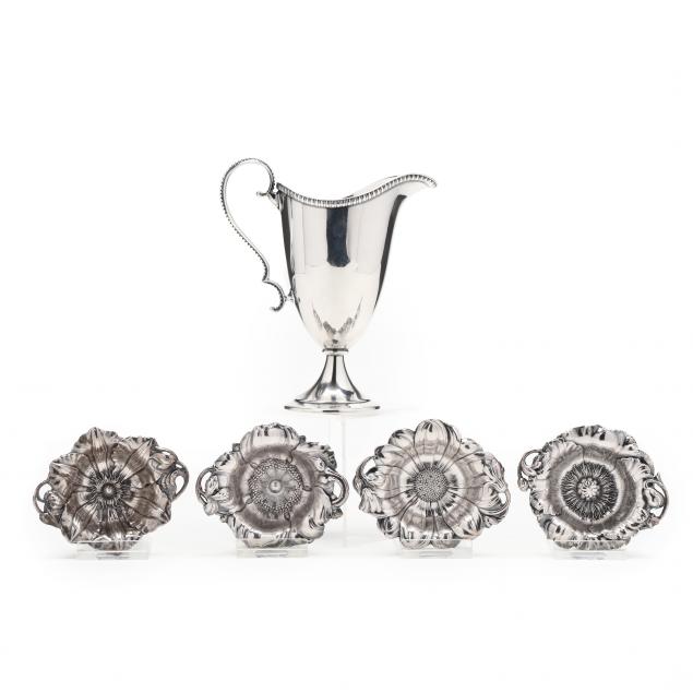 sterling-silver-creamer-and-four-floriform-nut-dishes