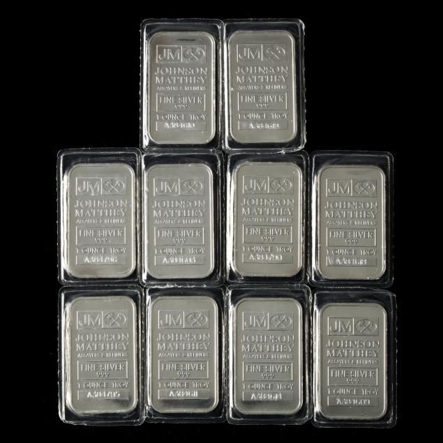 ten-johnson-matthey-one-ounce-999-silver-bullion-bars