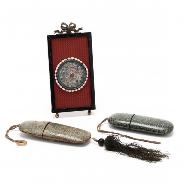 two-shagreen-eyeglass-cases-and-framed-medallion