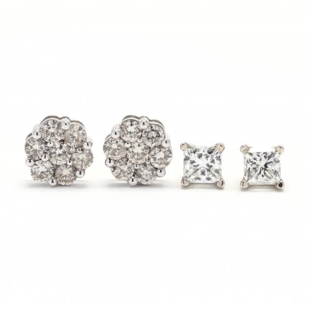 two-pairs-of-14kt-white-gold-and-diamond-stud-earrings