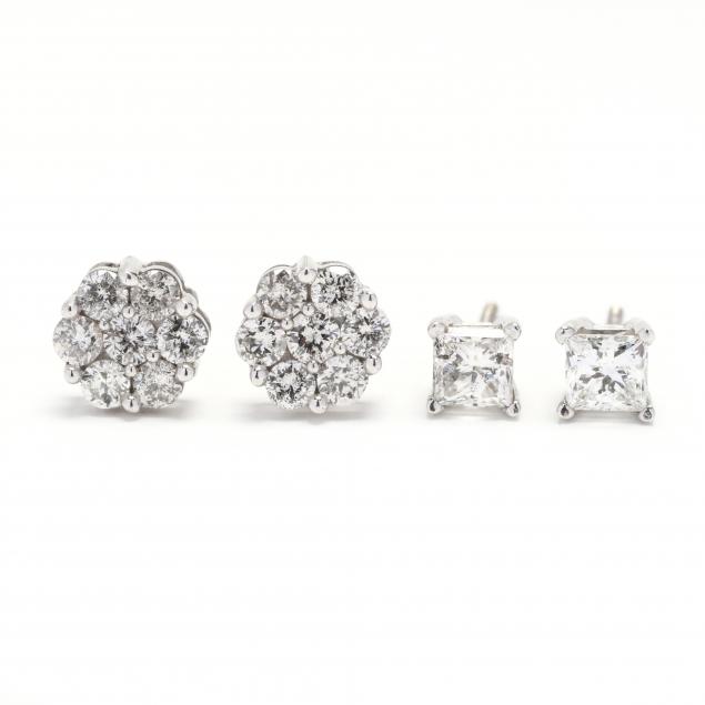 two-pairs-of-14kt-white-gold-and-diamond-stud-earrings